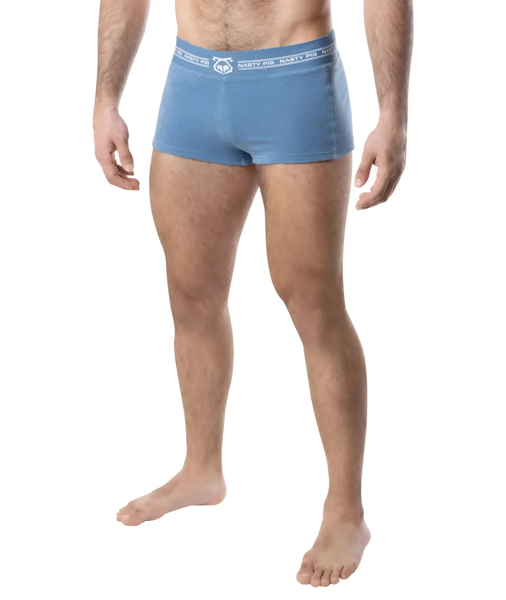 Blue nasty pig boxer briefs with white waistband branding in suite trunk short style for comfortable everyday wear