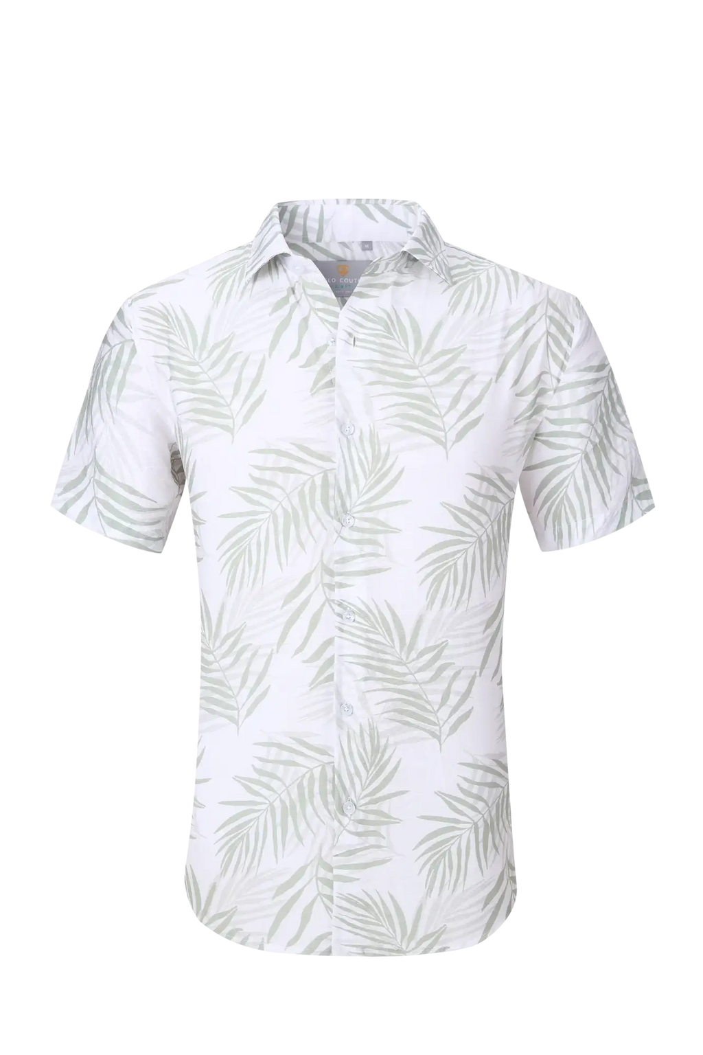 White short-sleeved button-up summer rain s/s shirt with light green palm leaf pattern for casual wear