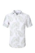 White short-sleeved button-up summer rain s/s shirt with light green palm leaf pattern for casual wear