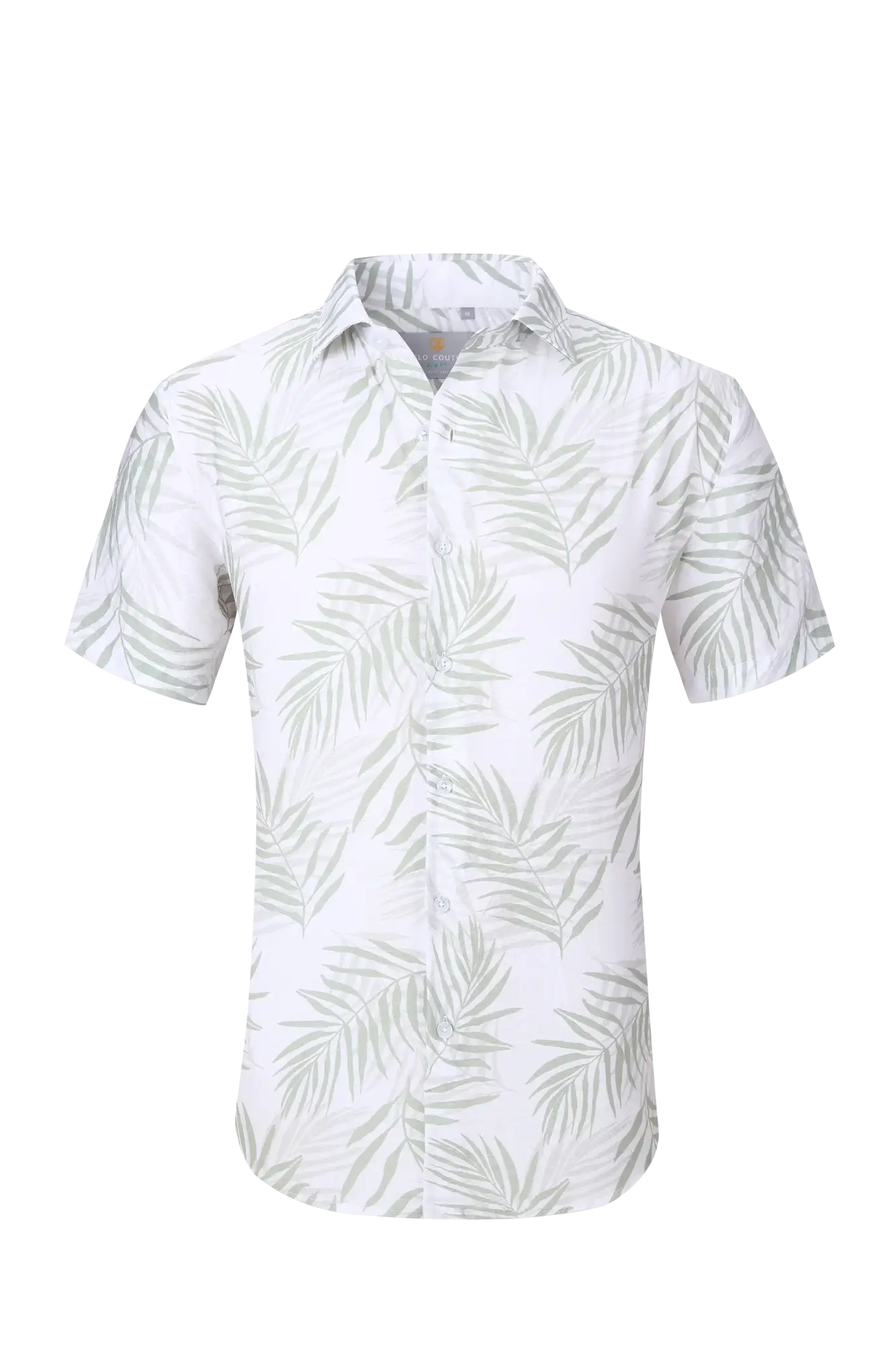 White short-sleeved button-up summer rain s/s shirt with light green palm leaf pattern for casual wear