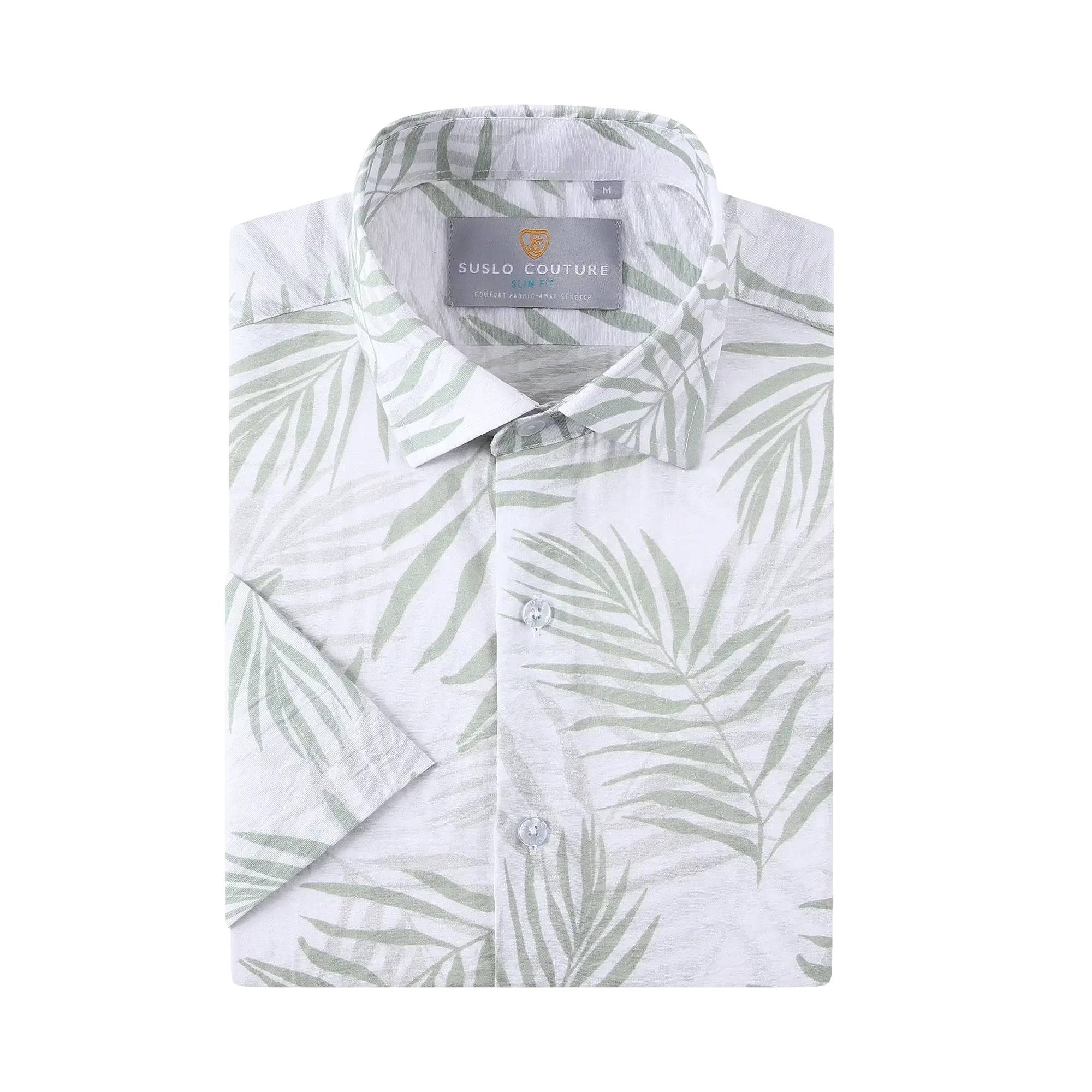 Summer rain s s shirt white short-sleeved button-up with subtle green palm leaf pattern and crisp collar