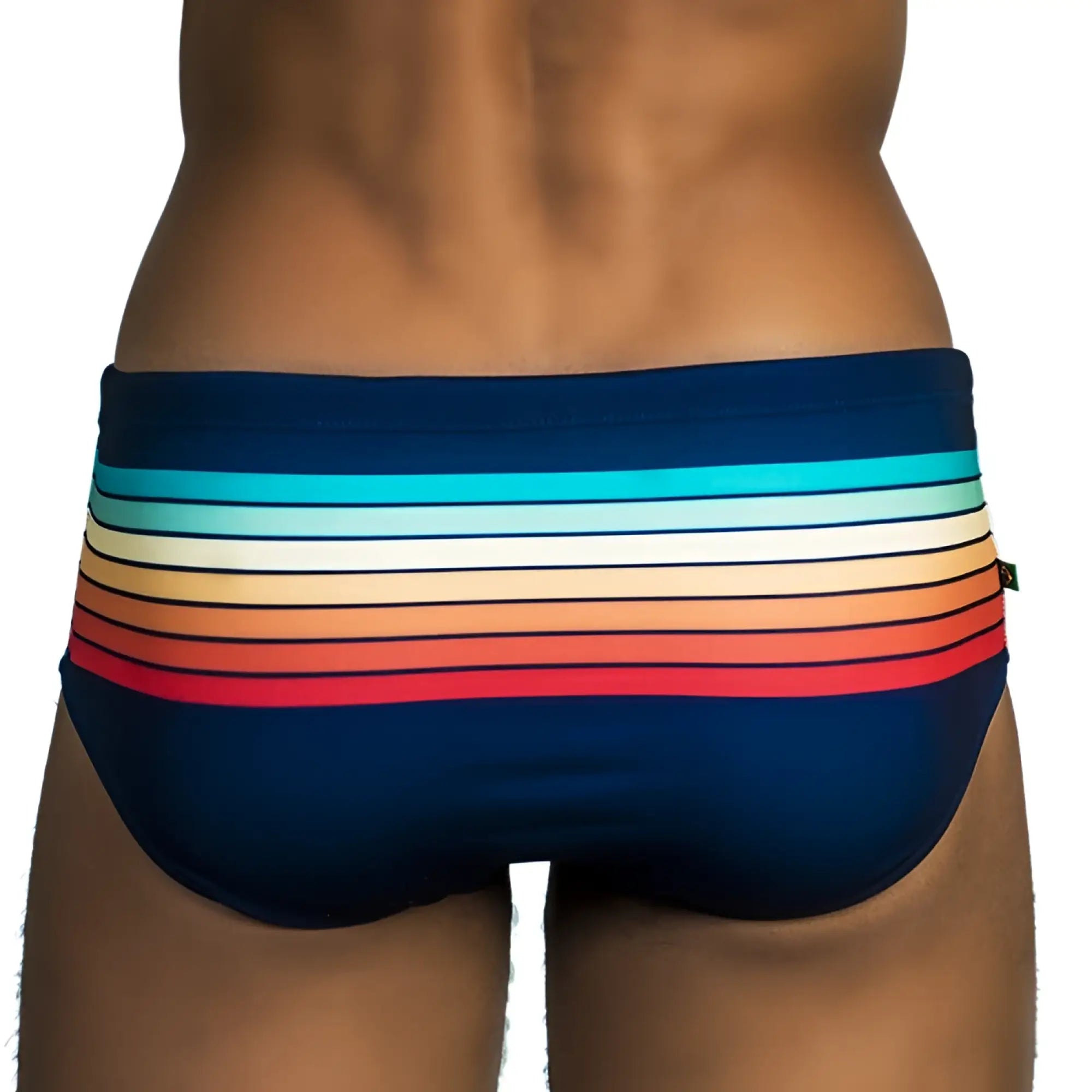 Navy blue men’s designer swim trunks with horizontal rainbow stripes sunset sunga for stylish beachwear