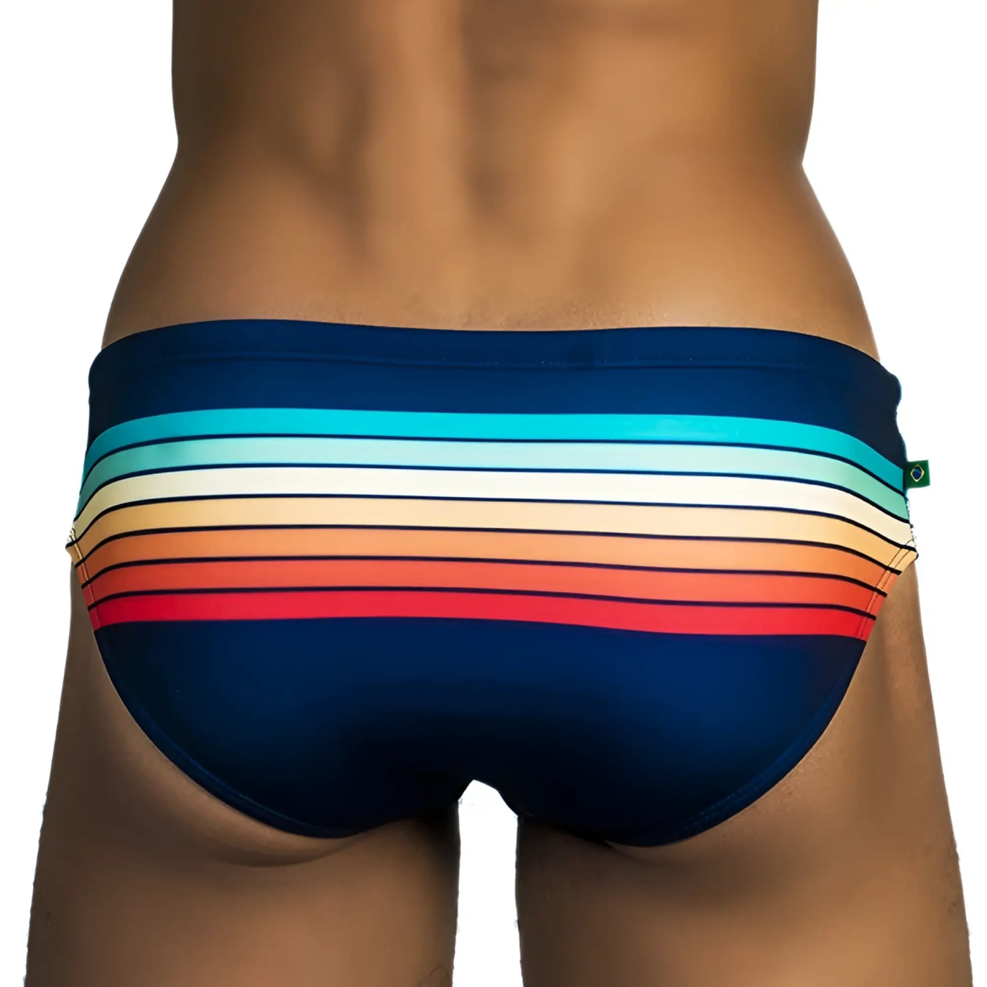 Navy blue sunset sunga men’s swim trunks with horizontal rainbow stripes for designer beachwear