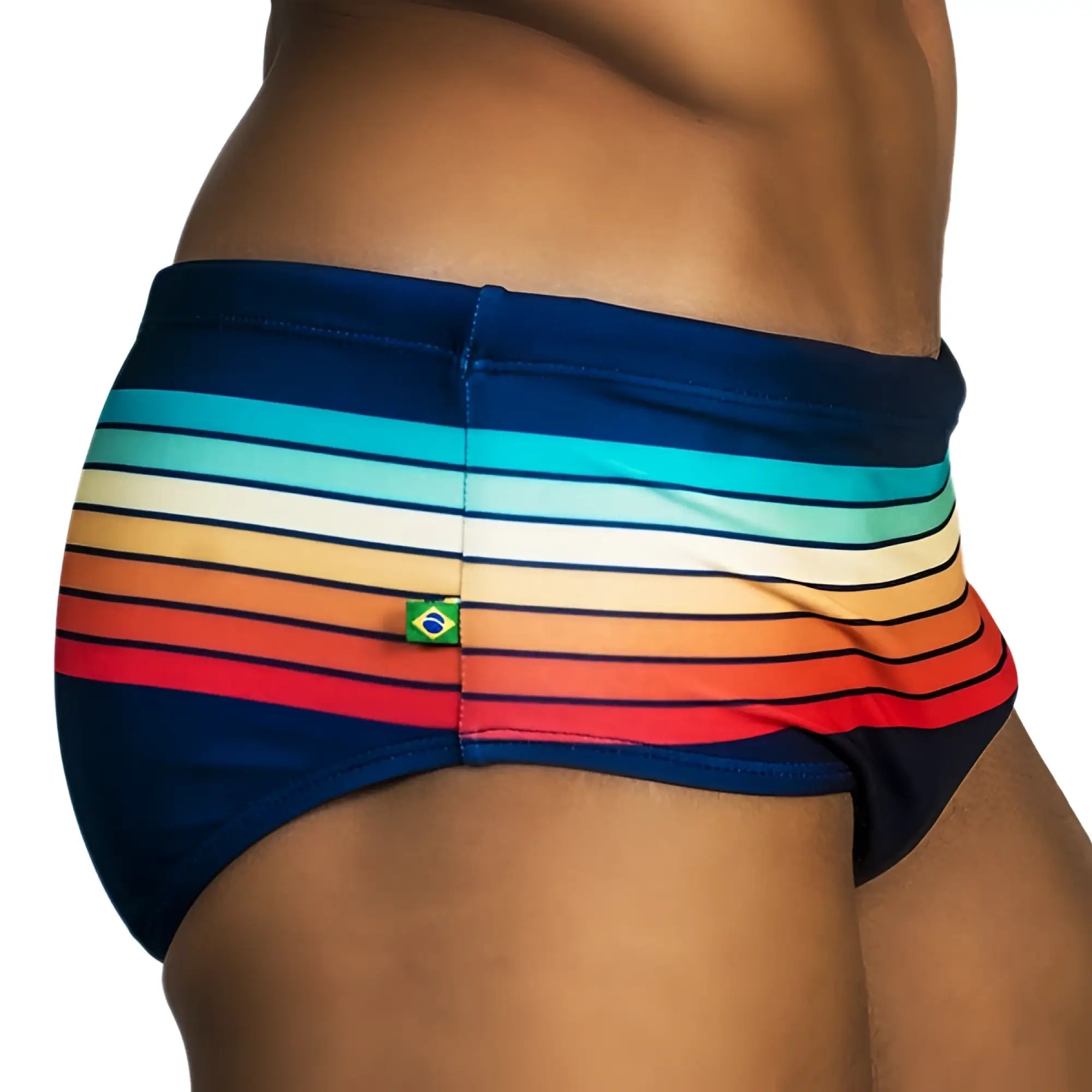 Sunset sunga men’s designer swimwear featuring vibrant striped swim trunks in navy blue teal white orange and red with brazilian flag patch