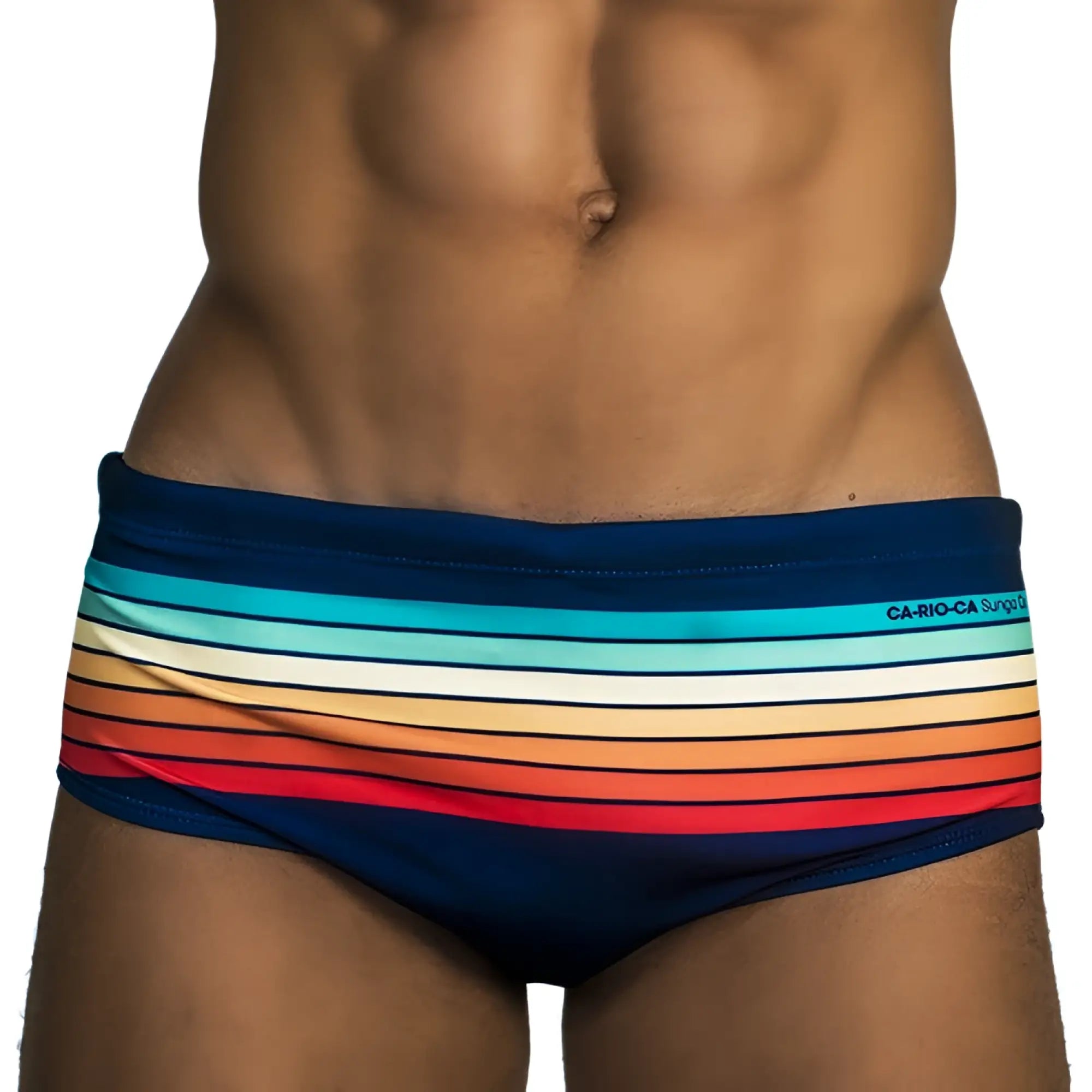 Sunset sunga men’s designer swimwear with vibrant navy blue teal white orange and red striped retro gradient swim trunks