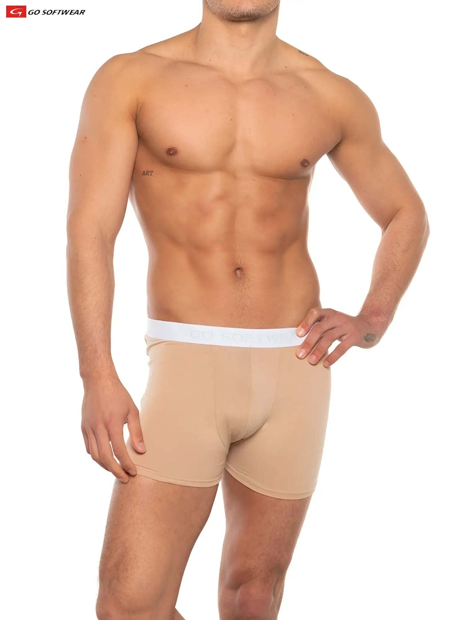 Beige super boost padded boxer brief with white elastic waistband and go softwear logo featuring 33 percent more padding