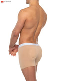 Beige super boost padded boxer briefs with white waistband and oval padded back panel showing the back side