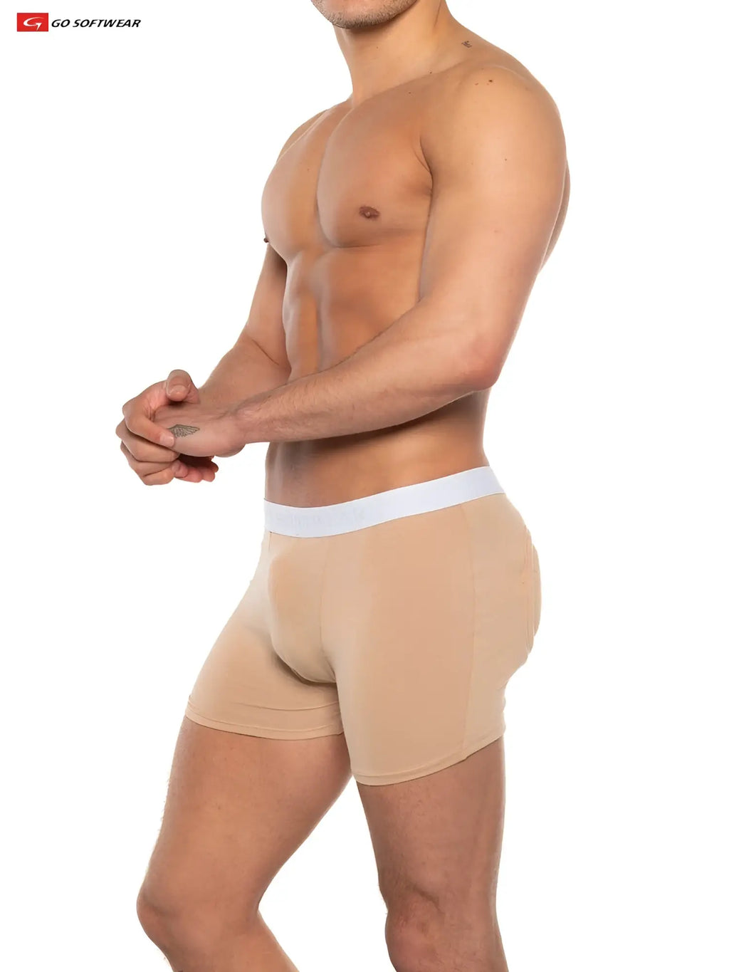 Beige super boost padded boxer brief with white waistband features smooth form fitting design and 33 percent more padding