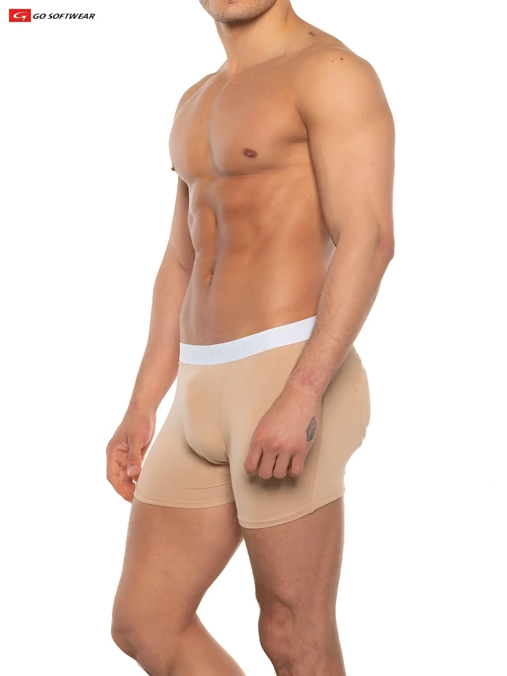 Beige super boost padded boxer briefs with white waistband smooth fabric tailored fit 33% more padding