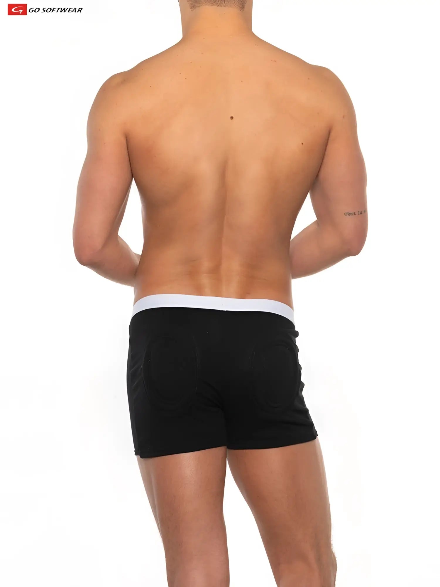 Black super boost padded boxer brief with white elastic waistband made from soft fabric by go softwear