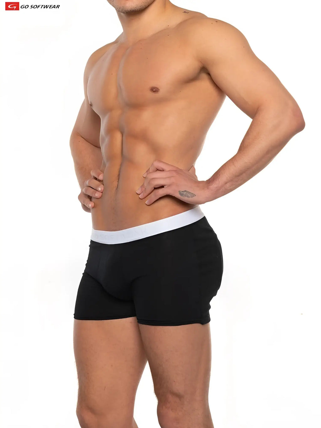 Black super boost padded boxer brief with white waistband and go softwear logo featuring 33 percent more padding