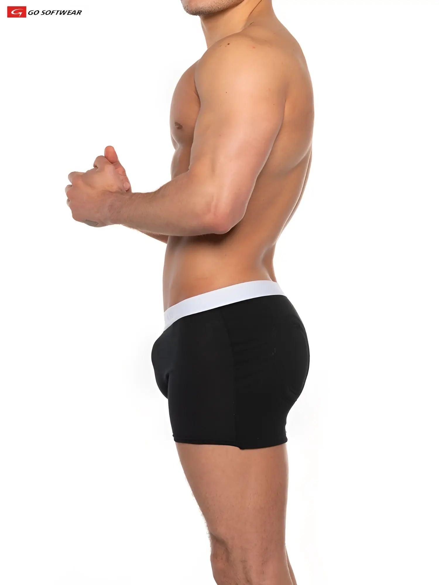 Black super boost padded boxer brief with white waistband featuring sleek form-fitting design and 33 percent more padding