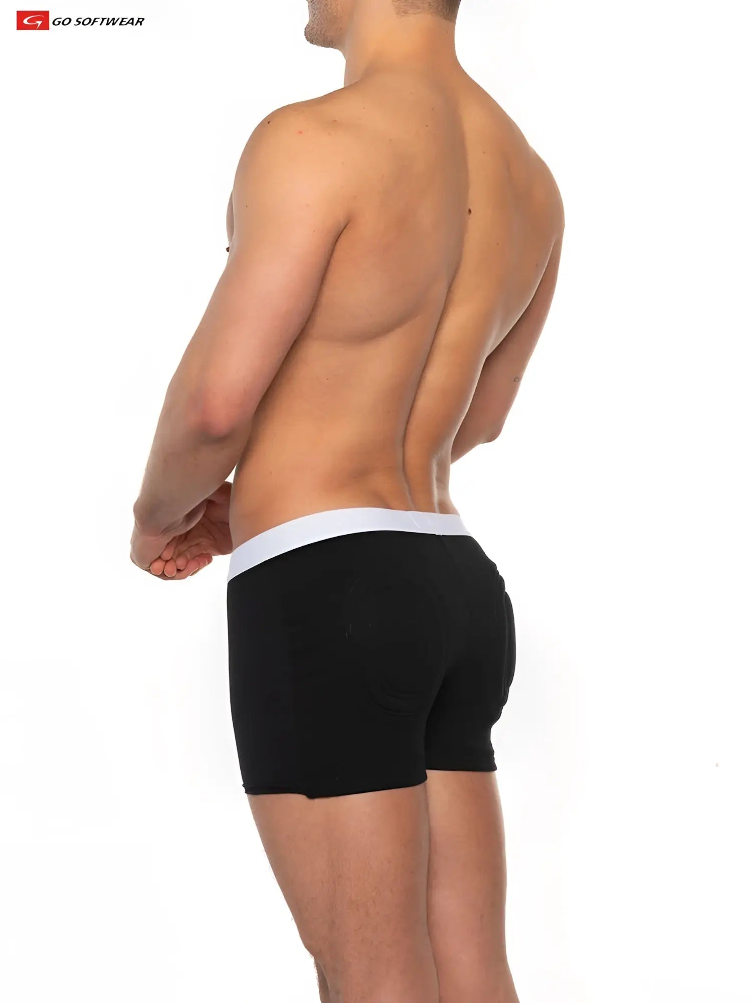 Black Super Boost padded boxer brief with white waistband smooth fabric and 33 percent more padding for comfort