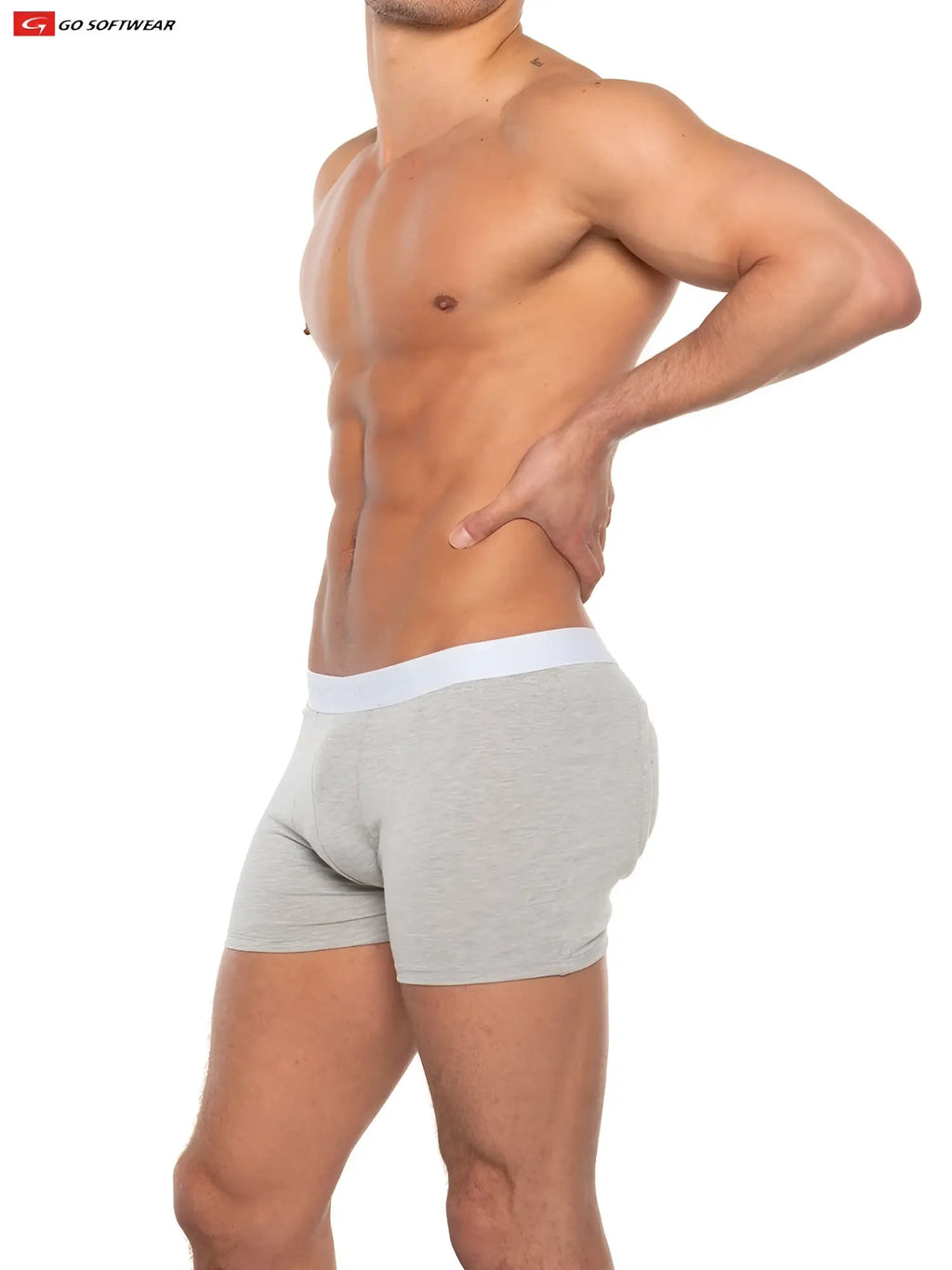 Gray heathered super boost padded boxer briefs with white waistband featuring go softwear logo and 33 percent more padding