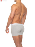 Gray heathered super boost padded boxer briefs with white waistband and subtle circular design on the back side