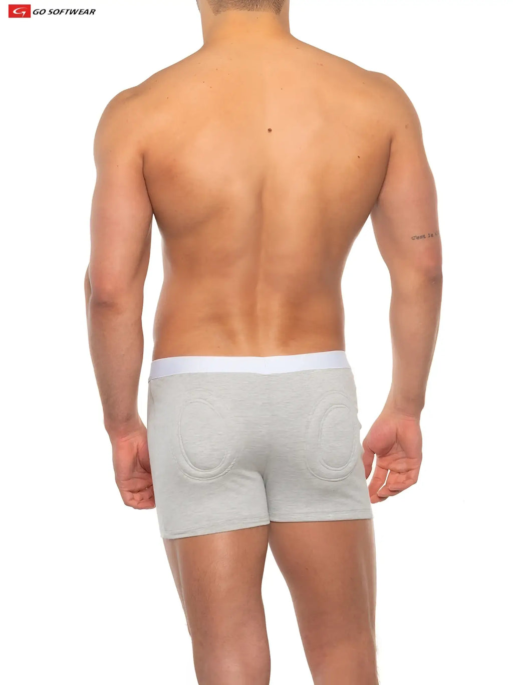 Light gray super boost padded men’s boxer briefs back view with white waistband and circular stitched detailing
