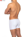 White men’s padded boxer briefs with contoured design and elastic waistband for extra comfort and support