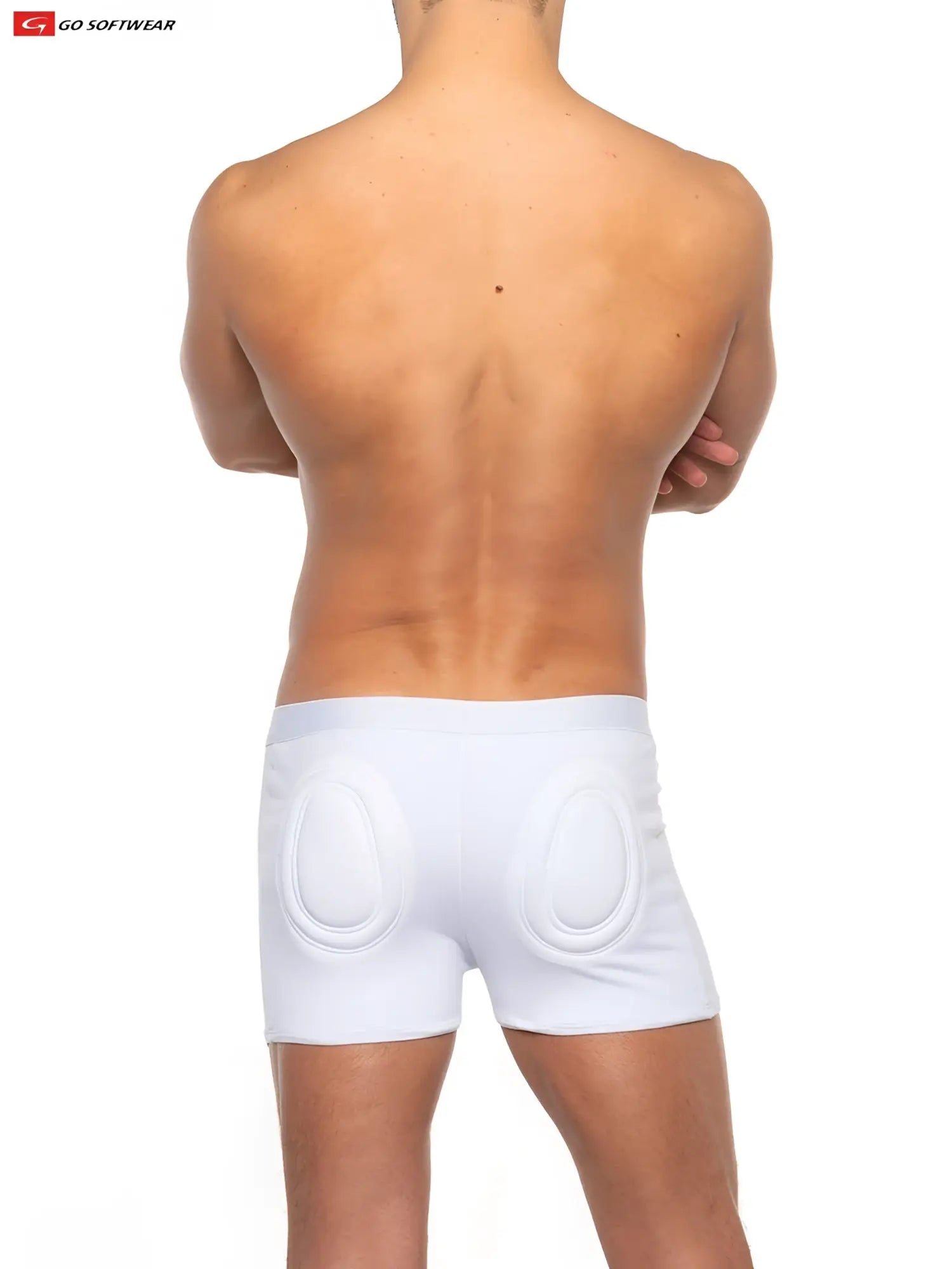 White men’s super boost padded boxer brief back view with 33 percent more gel padding in oval inserts