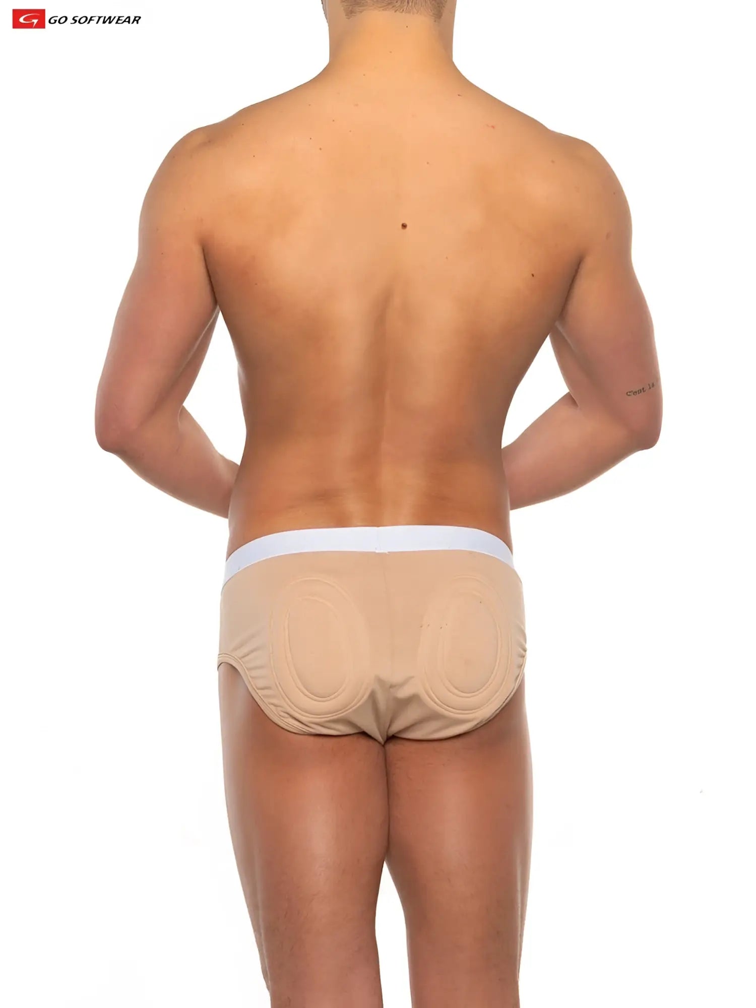 Beige men’s super boost padded briefs with white waistband and extra padding on the back from go softwear