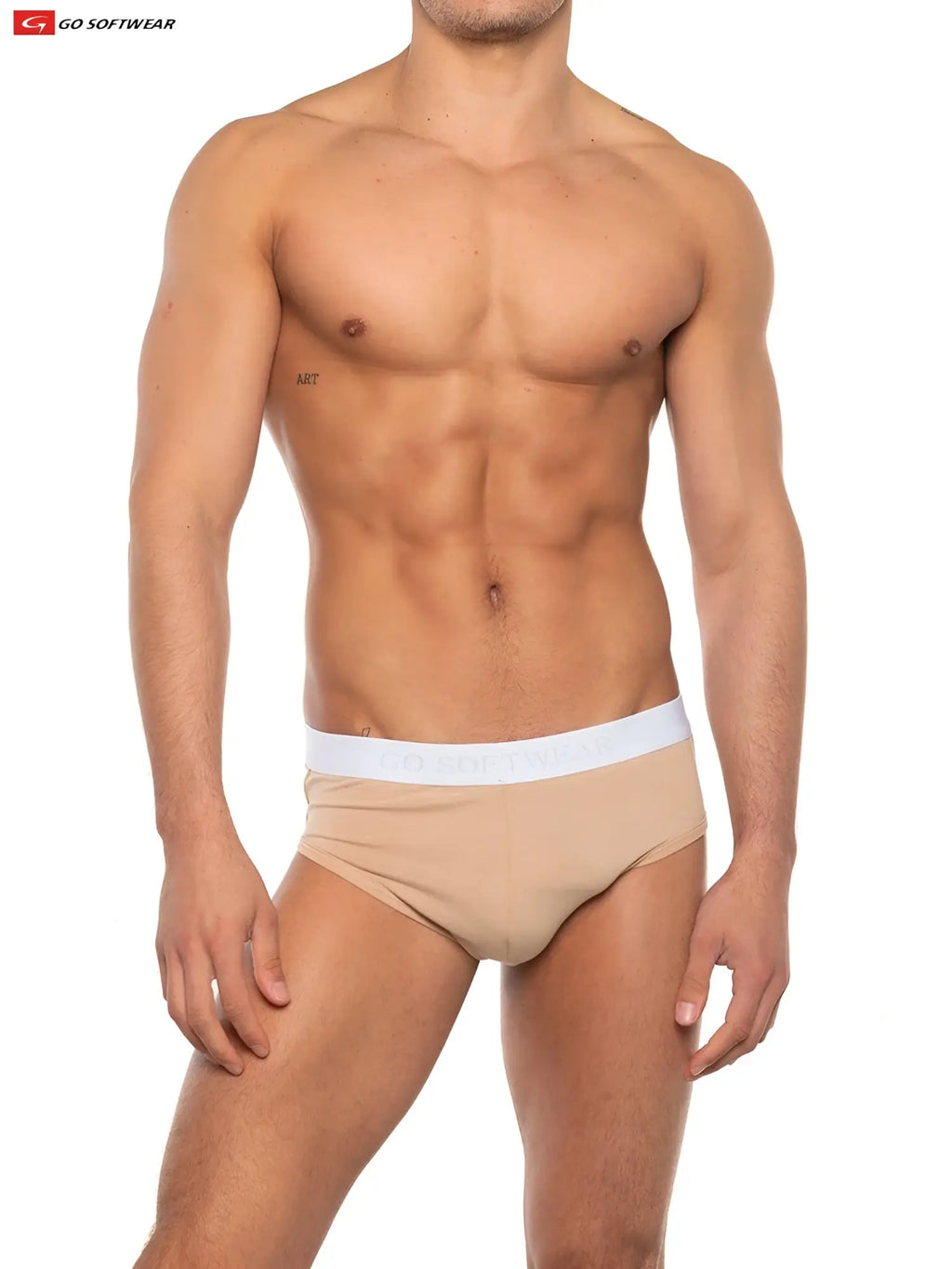 Beige super boost padded briefs with 33 percent more padding and white elastic waistband featuring go softwear logo