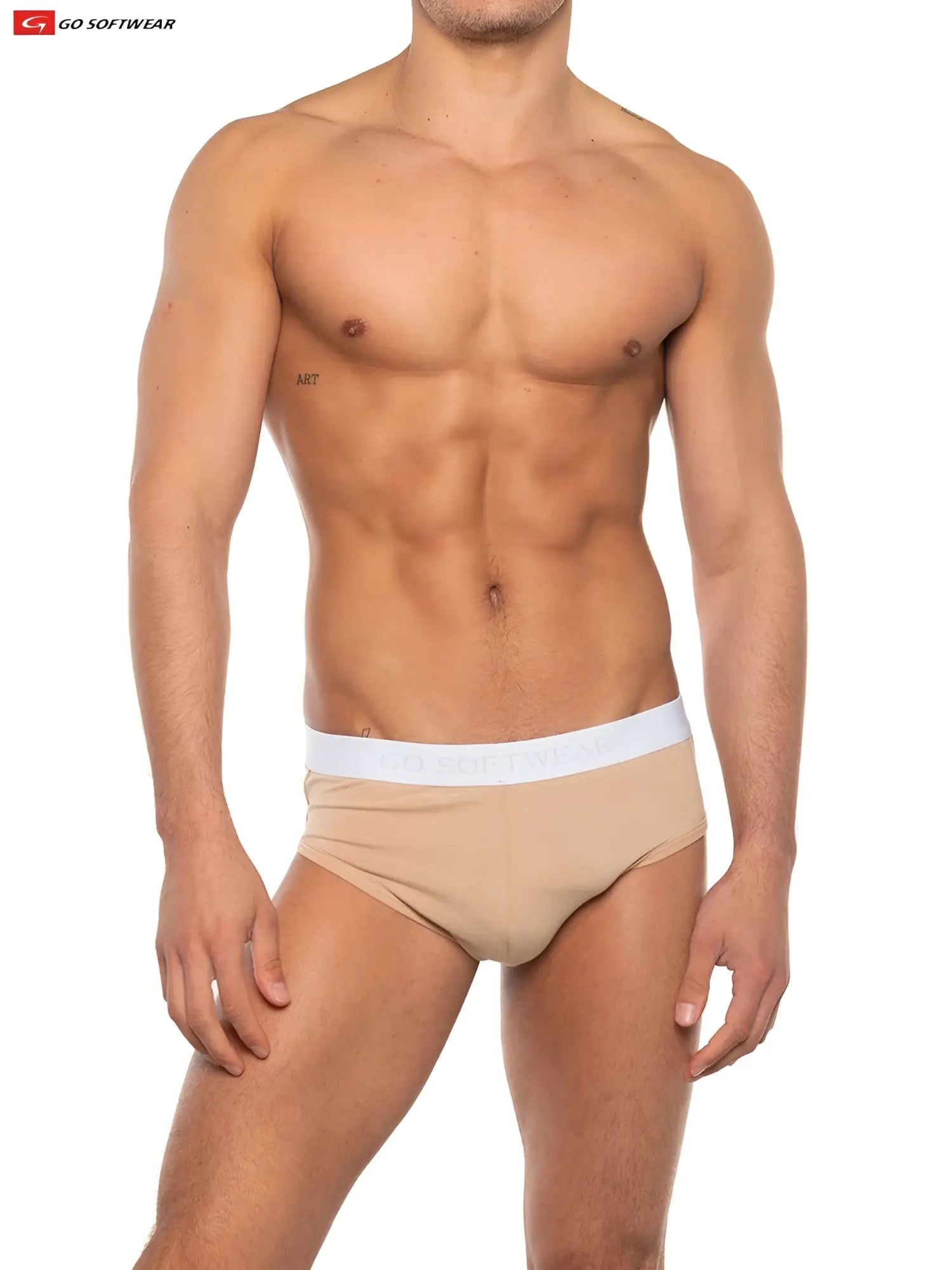 Beige super boost padded briefs with 33 percent more padding and white elastic waistband featuring go softwear logo