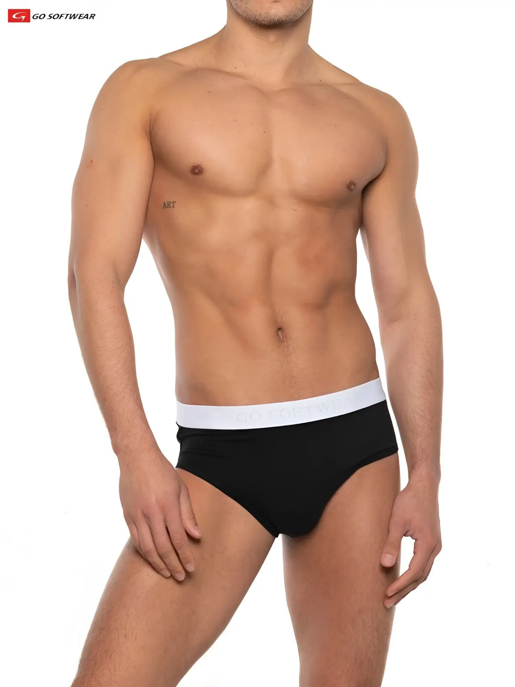 Black super boost padded briefs with 33 percent more padding and white elastic waistband featuring go softwear logo