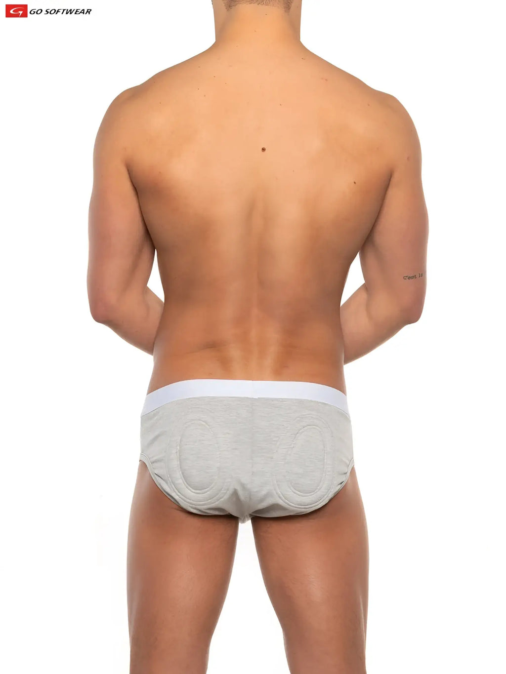 Gray men’s super boost padded briefs with white elastic waistband and padded oval sections on the back side