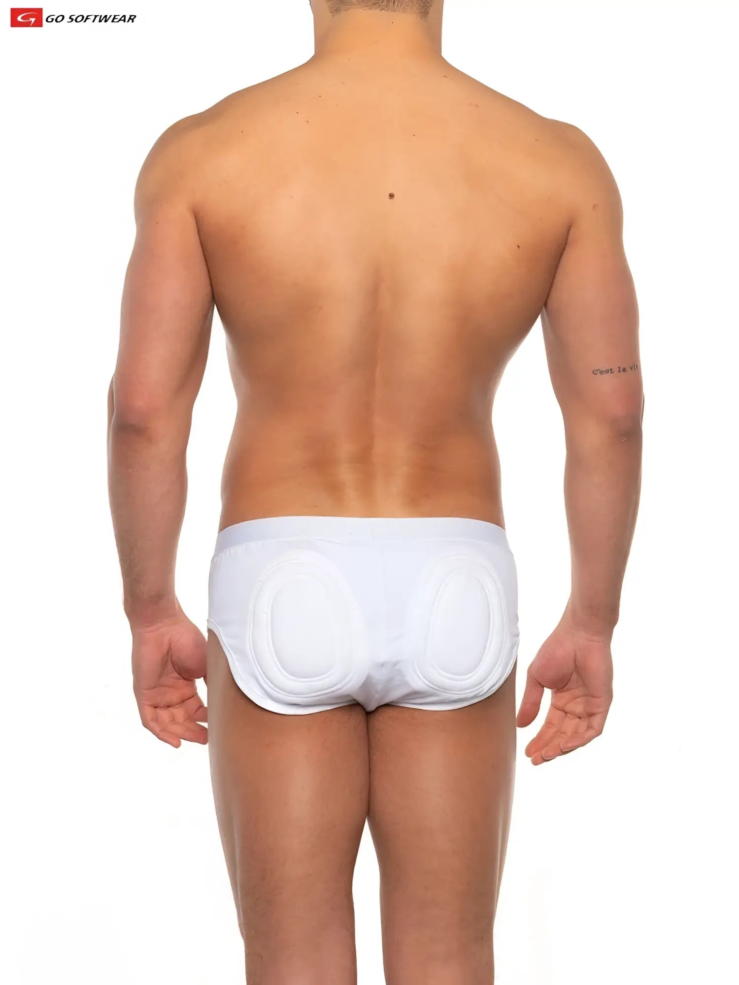 White super boost padded brief swim trunks with 33 percent more padding soft form fitting design and subtle branding