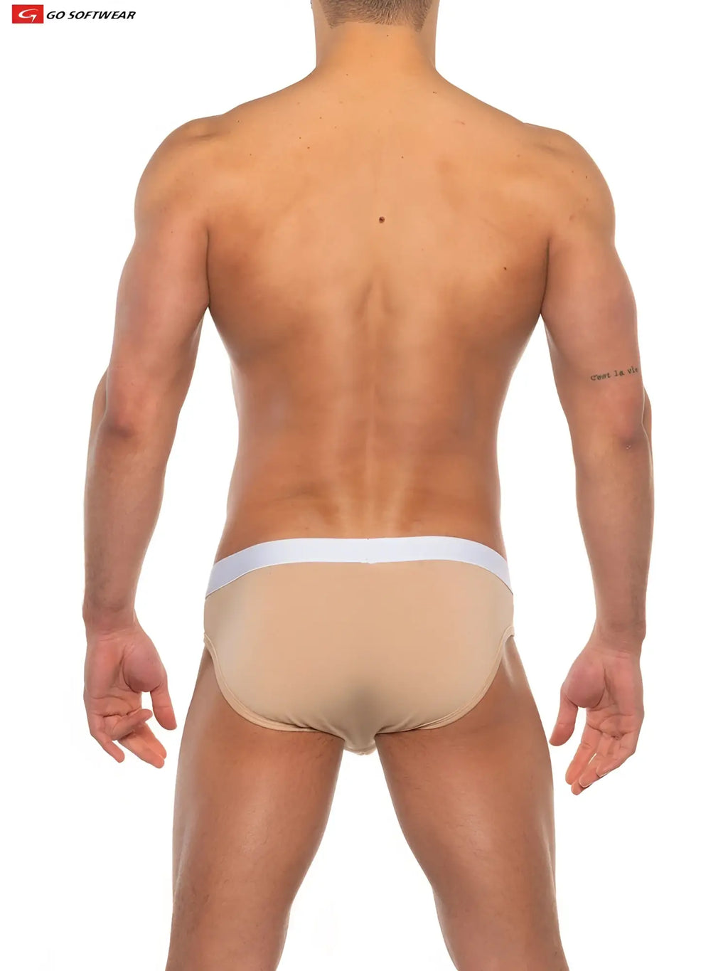 Beige athletic briefs with white elastic waistband and 33 percent more padding in front pouch from go softwear