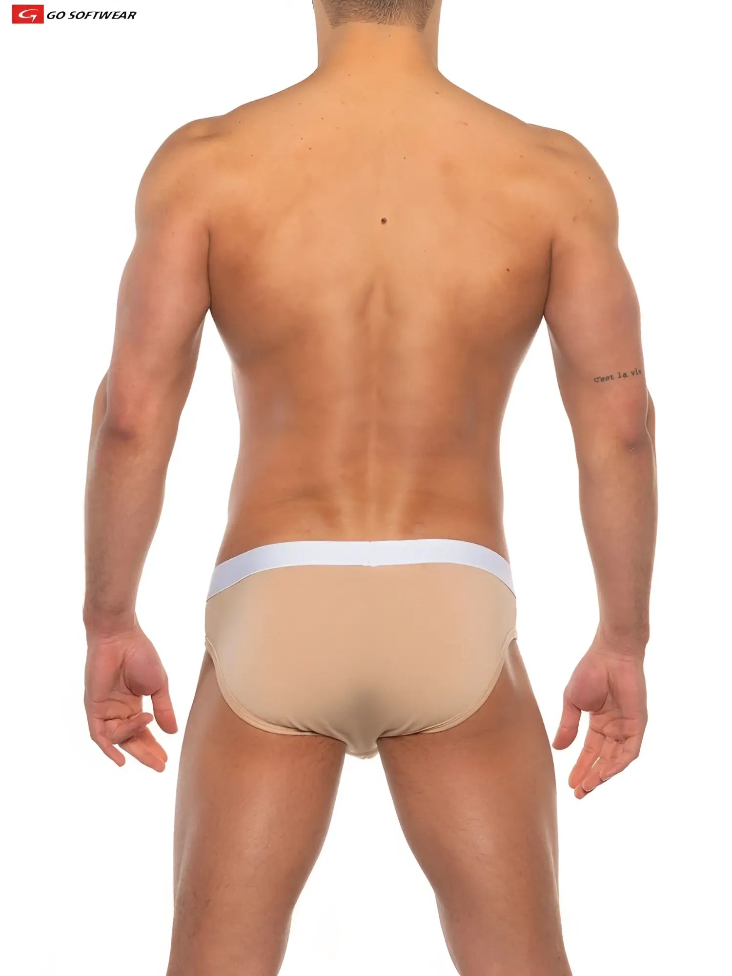 Beige athletic briefs with white elastic waistband and 33 percent more padding in front pouch from go softwear