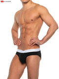 Black super boost padded front pouch brief with white waistband featuring go softwear logo and 33 percent more padding