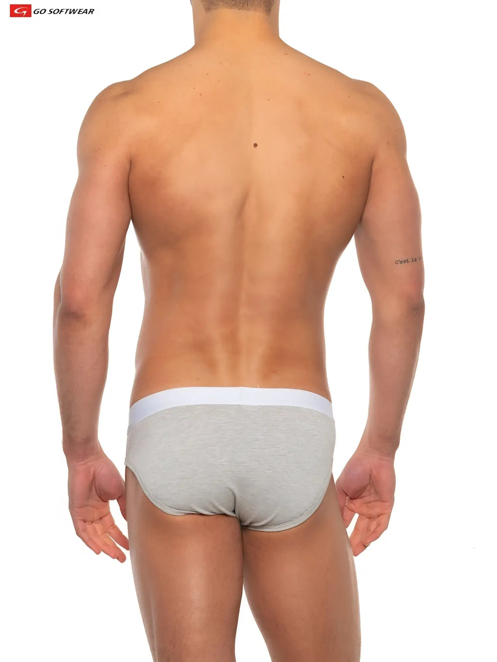 Gray heathered super boost padded front pouch briefs with white elastic waistband and go softwear logo