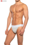 Light gray seamless super boost padded jockstrap briefs with white elastic waistband and subtle go softwear logo