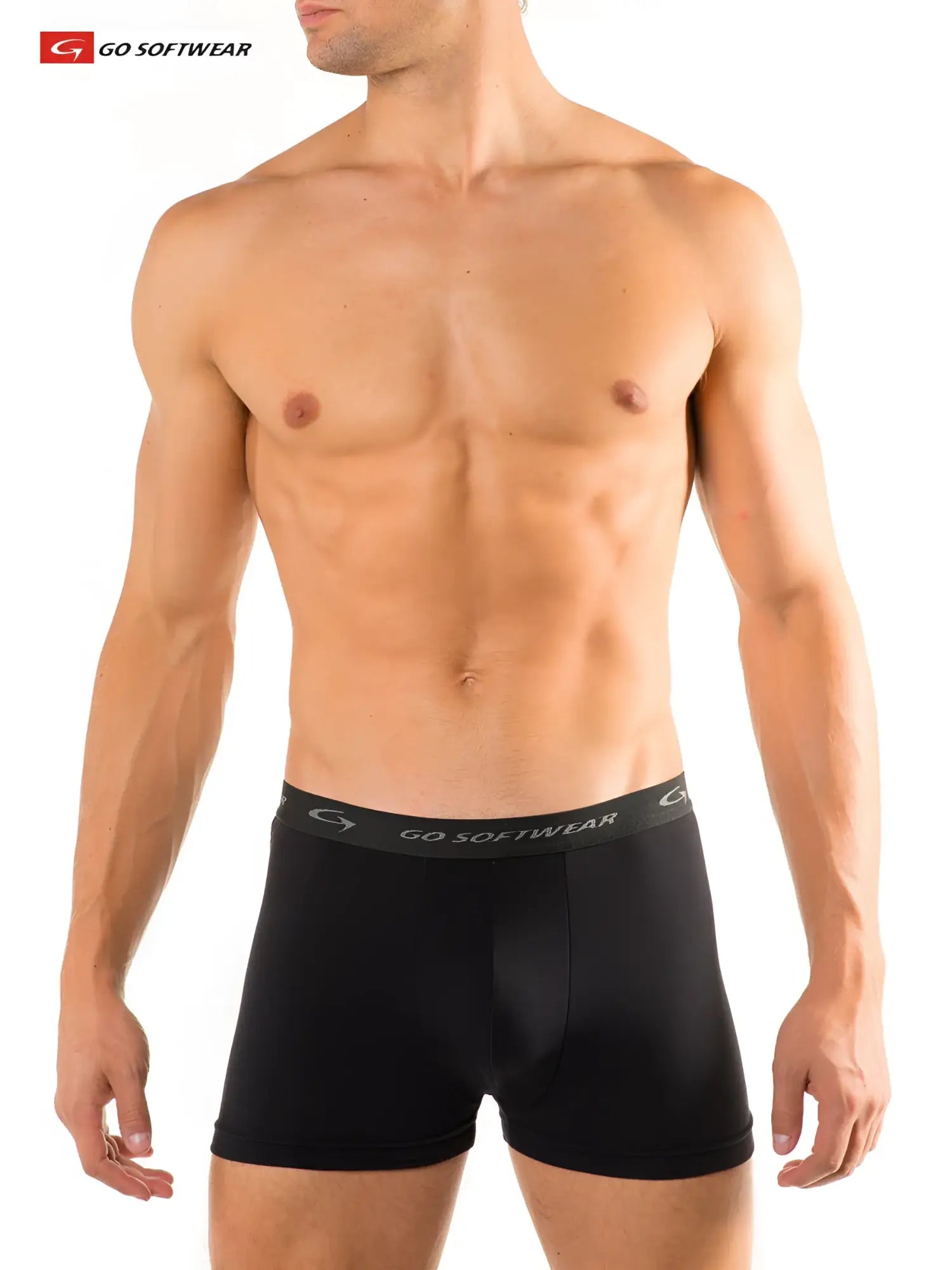 Black men’s super padded boxer briefs with gray elastic waistband featuring go softwear logo and brand emblem