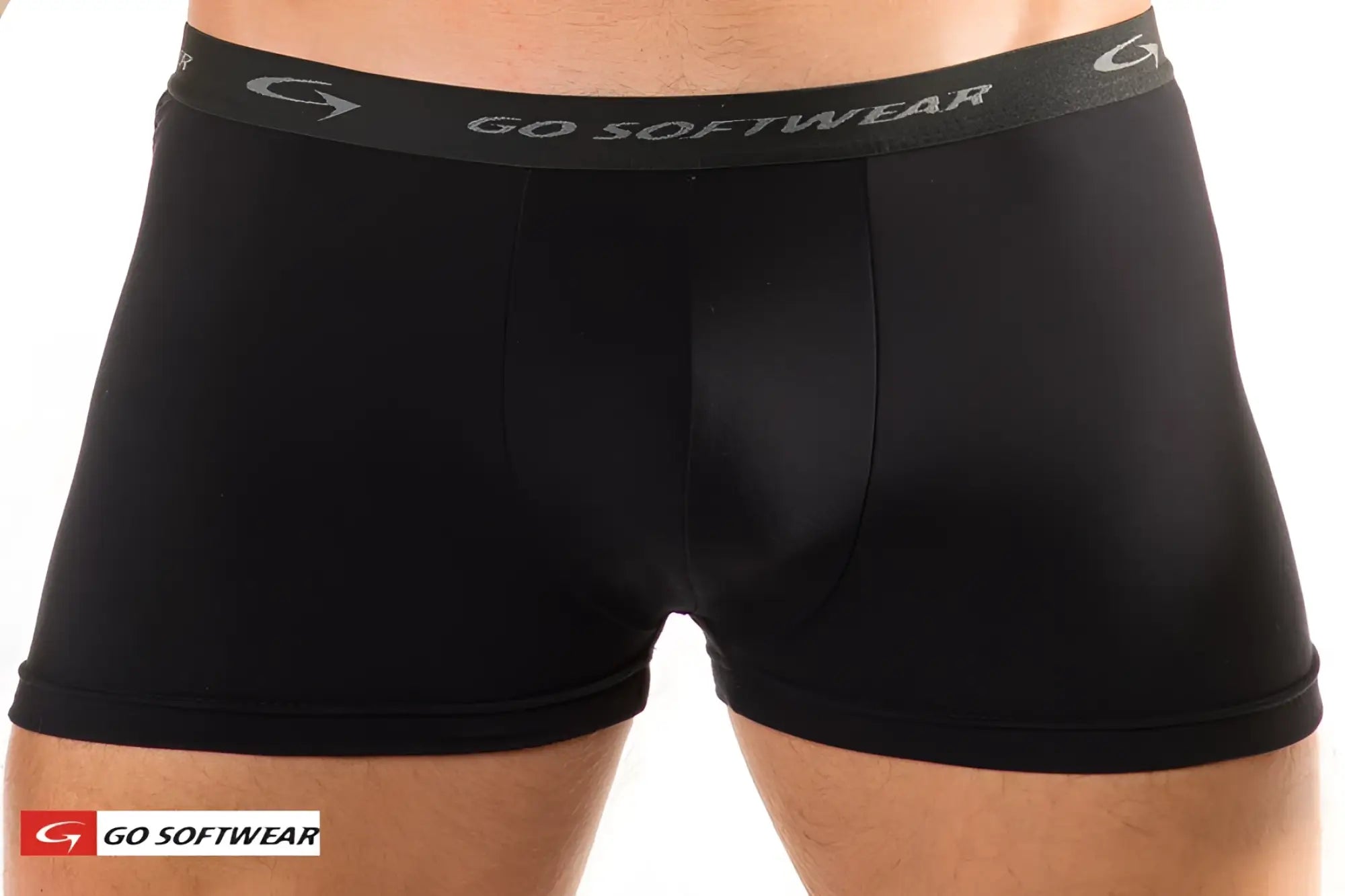 Black men’s super padded boxer briefs with gray go softwear waistband designed for comfort and support