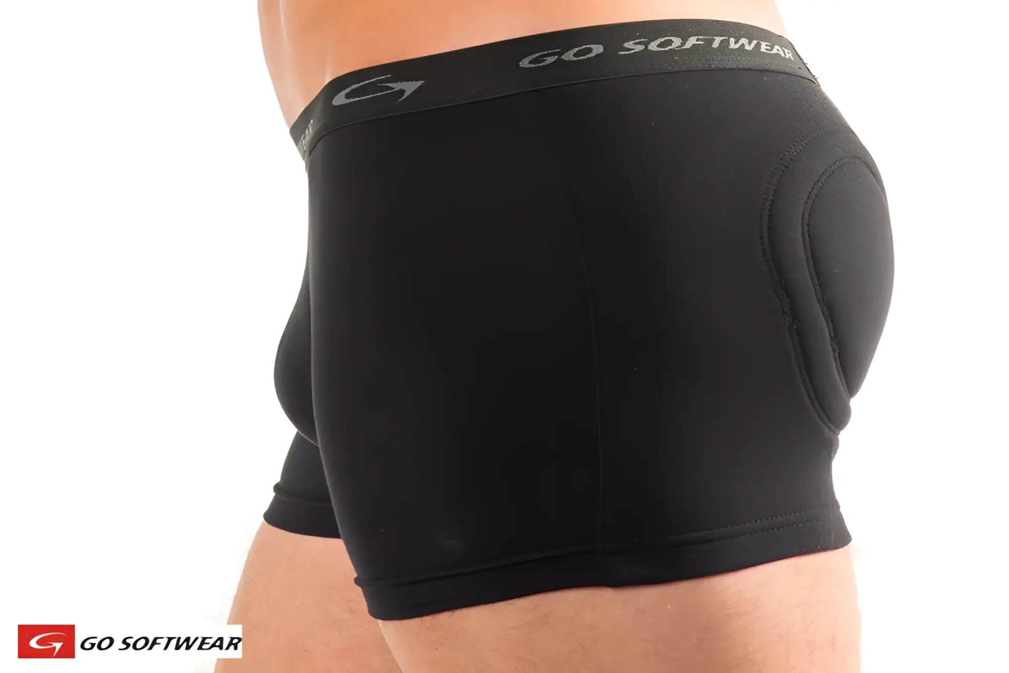 Black go softwear super padded boxer briefs showing back with soft stretchy fabric and reinforced padding