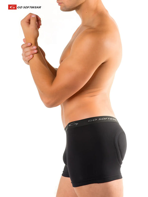 Black go softwear men’s super padded boxer briefs with padded hip and thigh areas for enhanced comfort and support