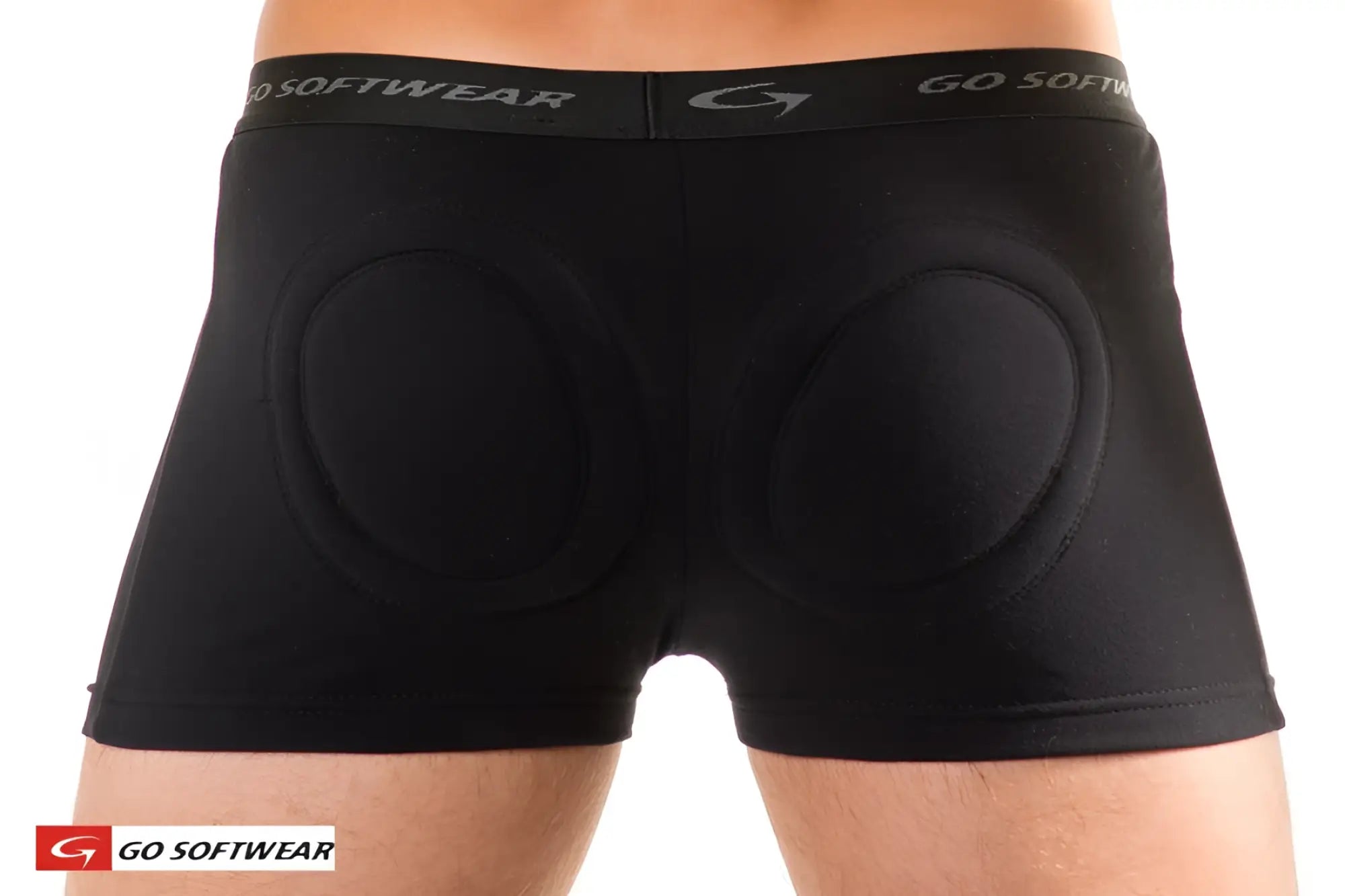 Black go softwear super padded boxer brief cycling shorts showing cushioned padded back sections