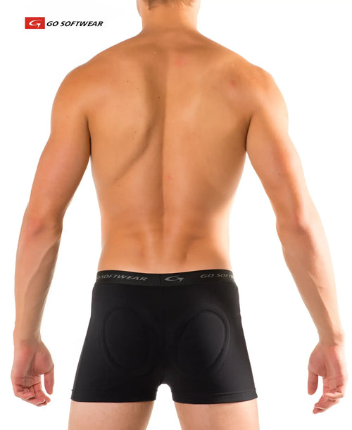 Black go softwear super padded boxer brief cycling shorts with padded rear panels shown from the back side