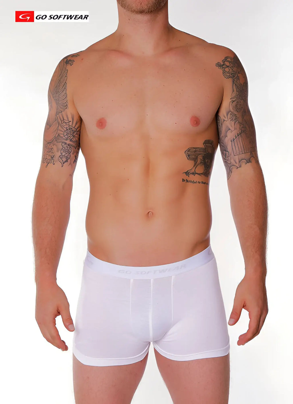 White men’s super padded boxer briefs with soft seamless design and go softwear logo on waistband as featured in the new york times