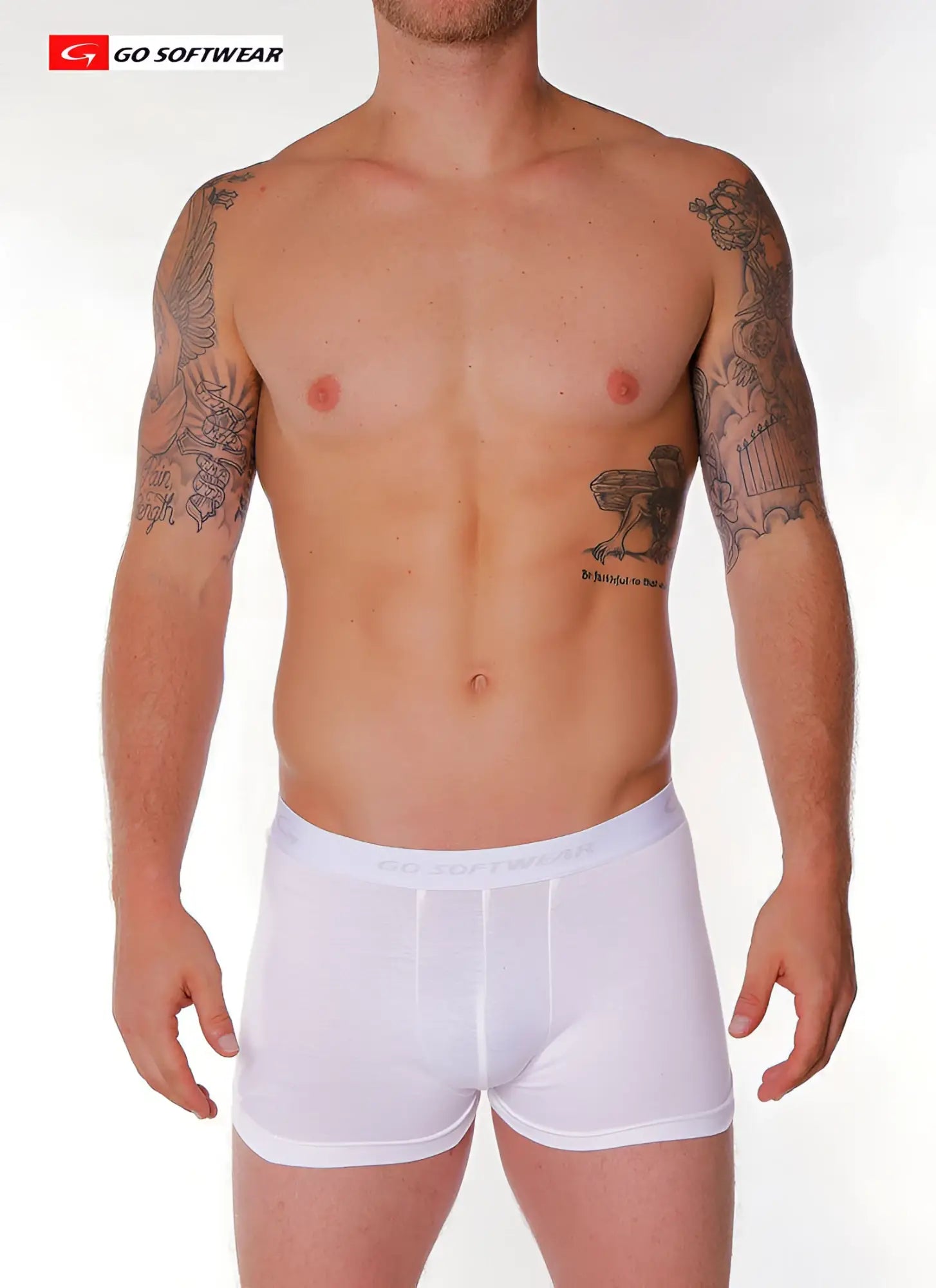 White men’s super padded boxer briefs with soft seamless design and go softwear logo on waistband as featured in the new york times