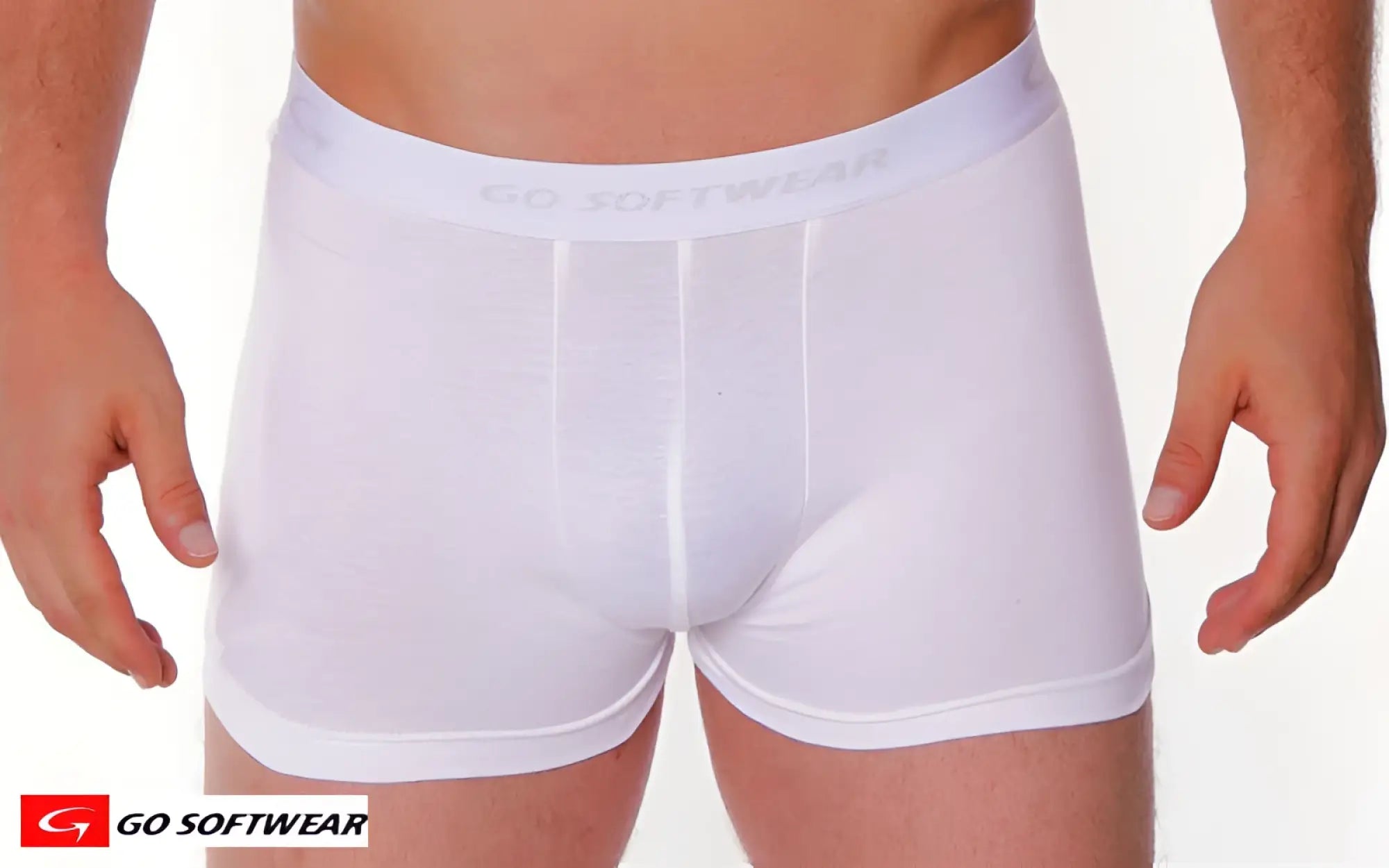 White super padded boxer briefs with soft smooth fabric and subtle vertical seams on the front