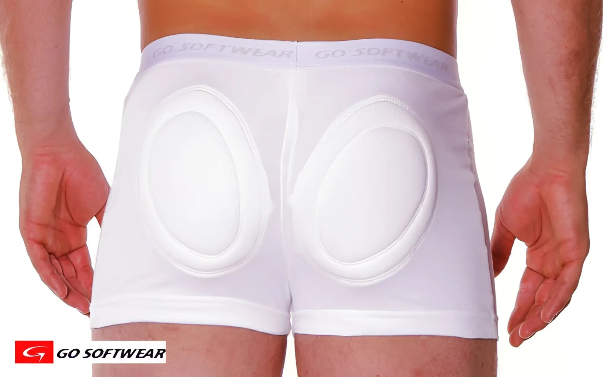 White go softwear super padded boxer briefs with padded oval inserts on the back for extra comfort and support