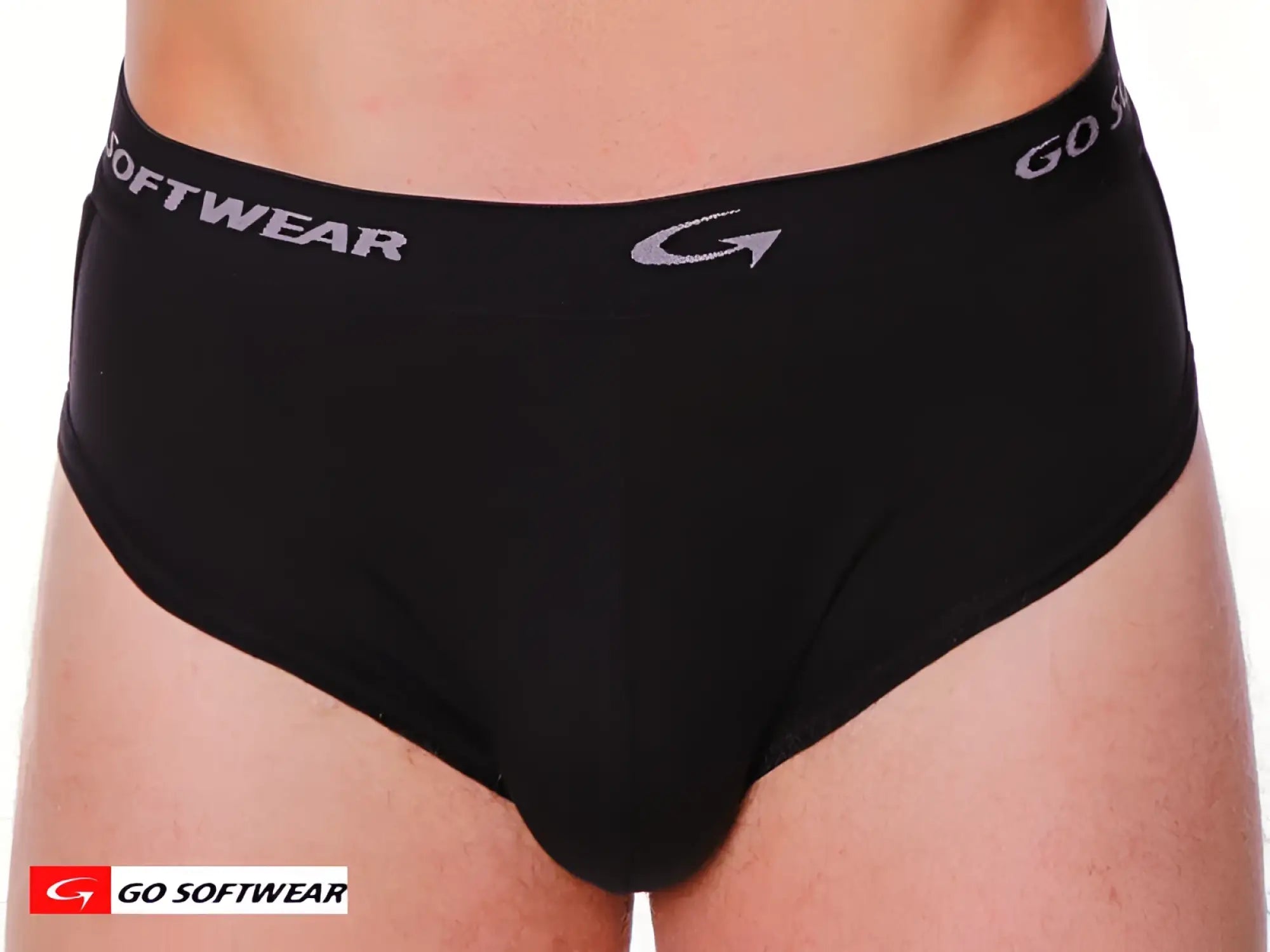 Black men’s briefs with super padded butt and snug fit featuring go softwear logo on gray waistband shown from back