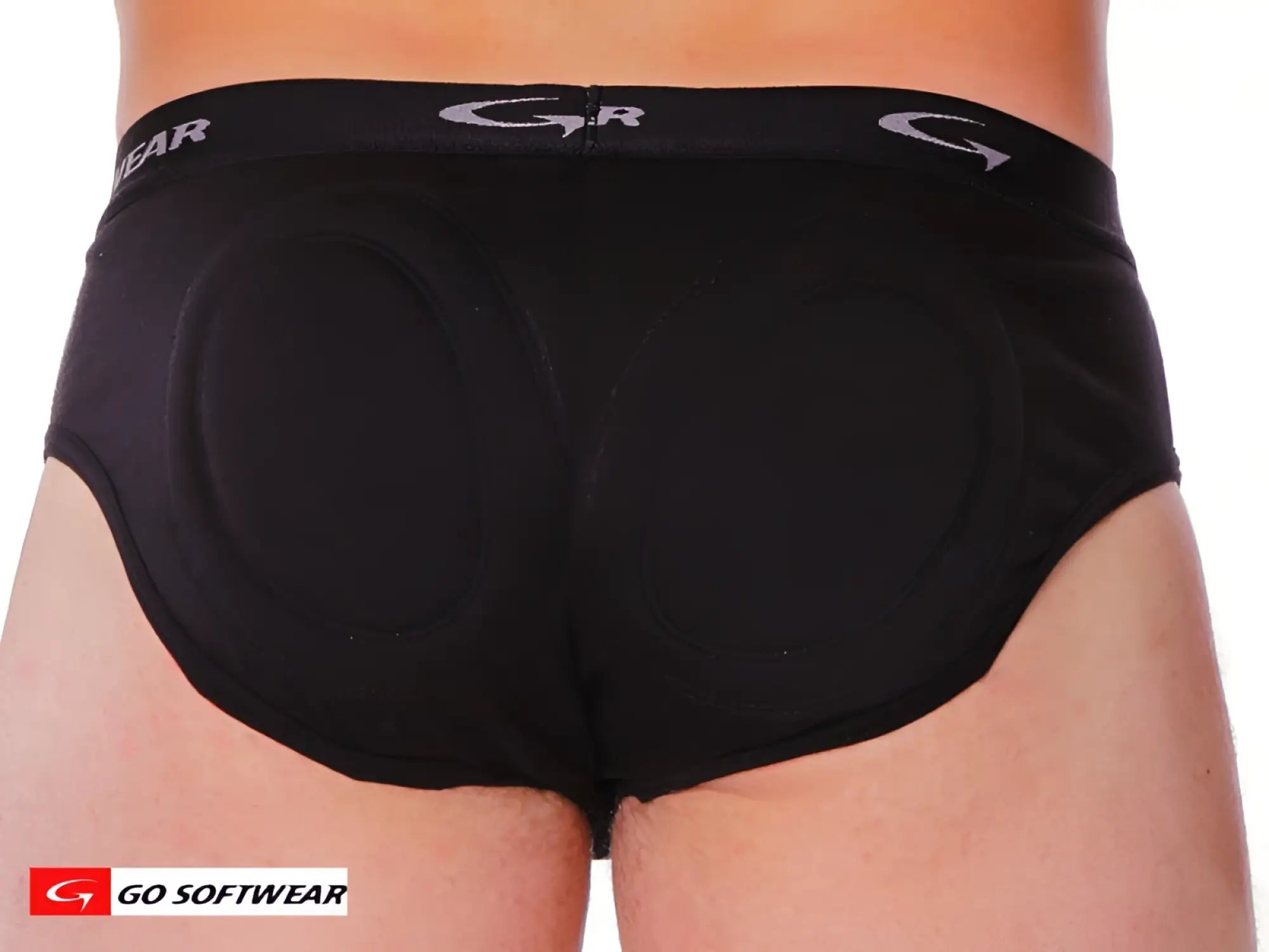 Black go softwear super padded butt brief showing back side with circular gel inserts and soft padding