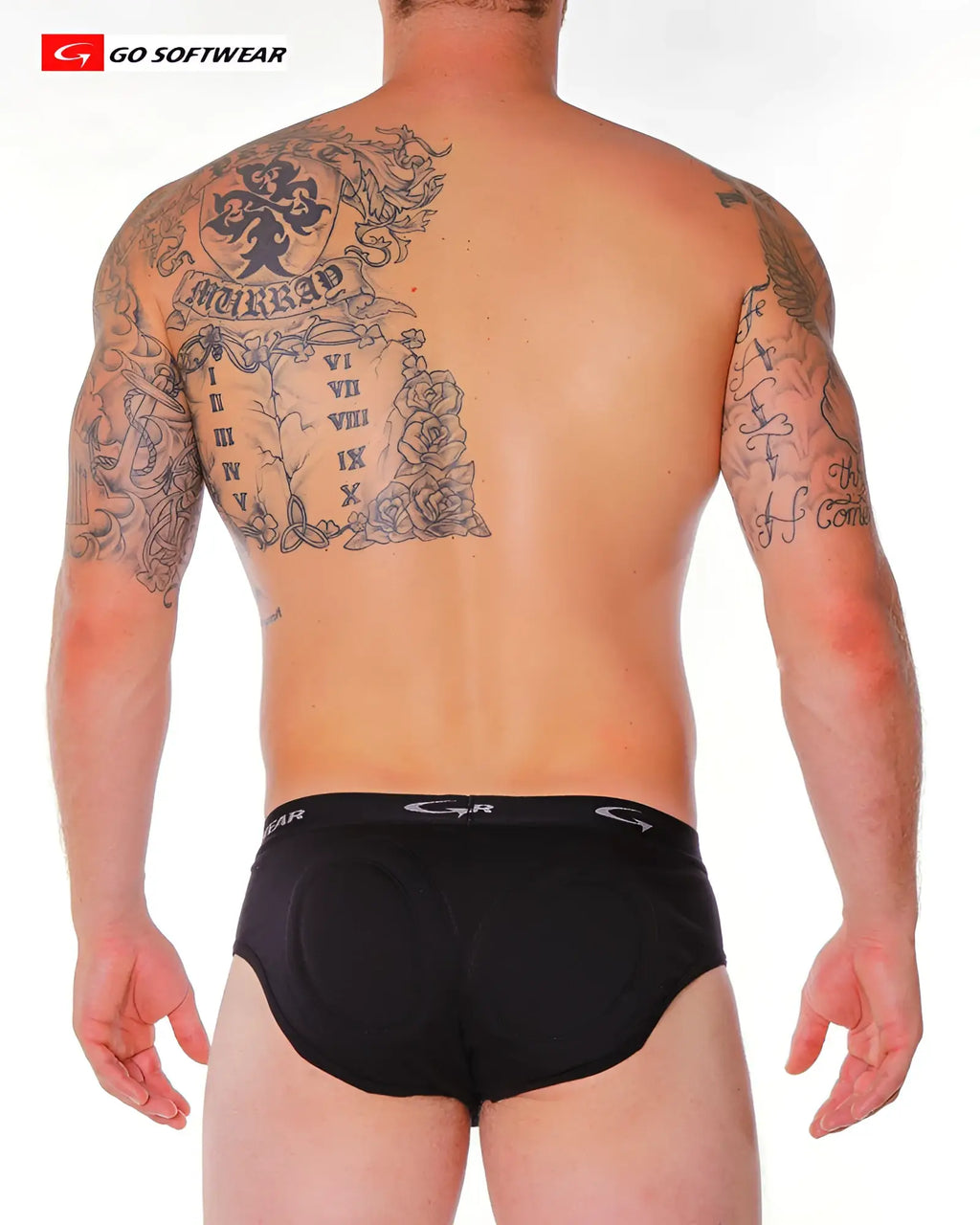 Black go softwear cycling briefs with padded seat and brand logo on waistband shown from the back side