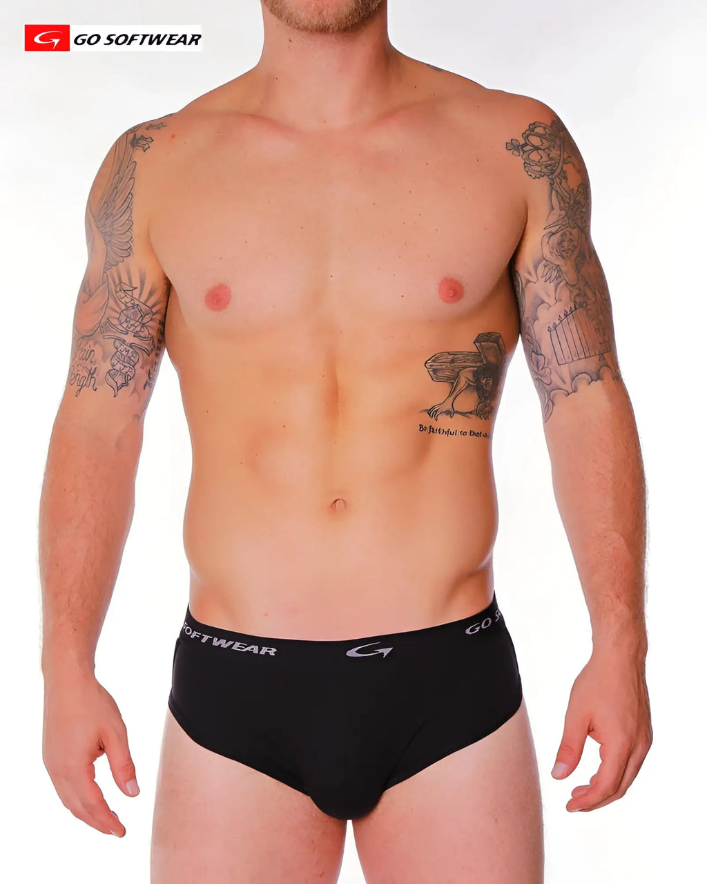 Black super padded butt brief with snug fit elastic waistband and softwear material shown from the back side