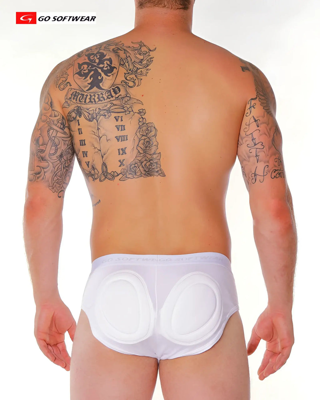 White padded briefs with soft form-fitting design and prominent cushioning on the buttocks shown from the back