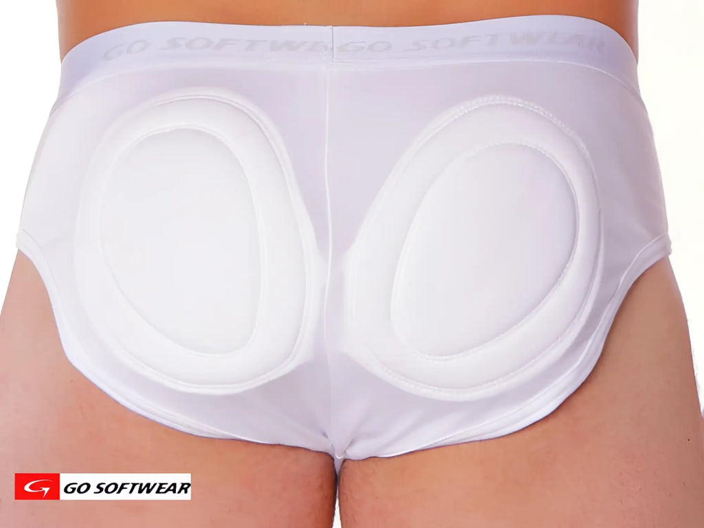 Back view of white super padded butt briefs with oval cushioned padding made from softwear material