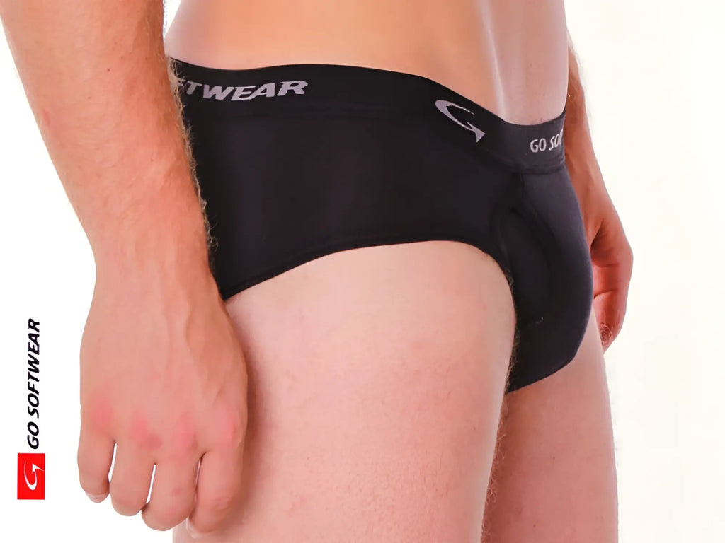 Black super padded front pouch brief with snug stretchy fabric waistband featuring brand logo and text